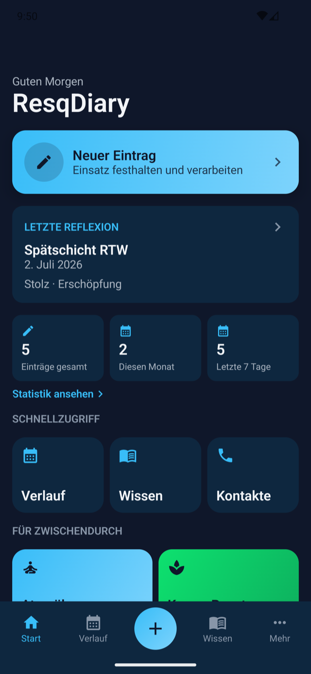 ResqDiary Startbildschirm mit Kurzzugriffen auf Verlauf, Wissen, Kontakte und Übungen